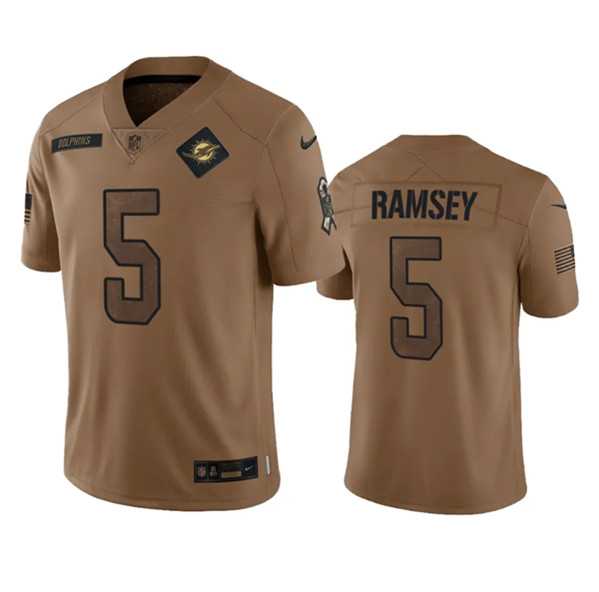 Men's Miami Dolphins #5 Jalen Ramsey 2023 Brown Salute To Service Limited Football Stitched Jersey - Jersey