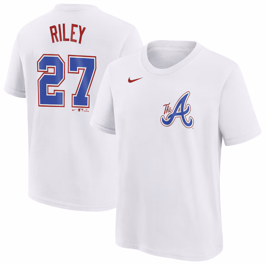 Youth Atlanta Braves Austin Riley Nike White Fuse City Connect Name & Number T-Shirt - Jersey