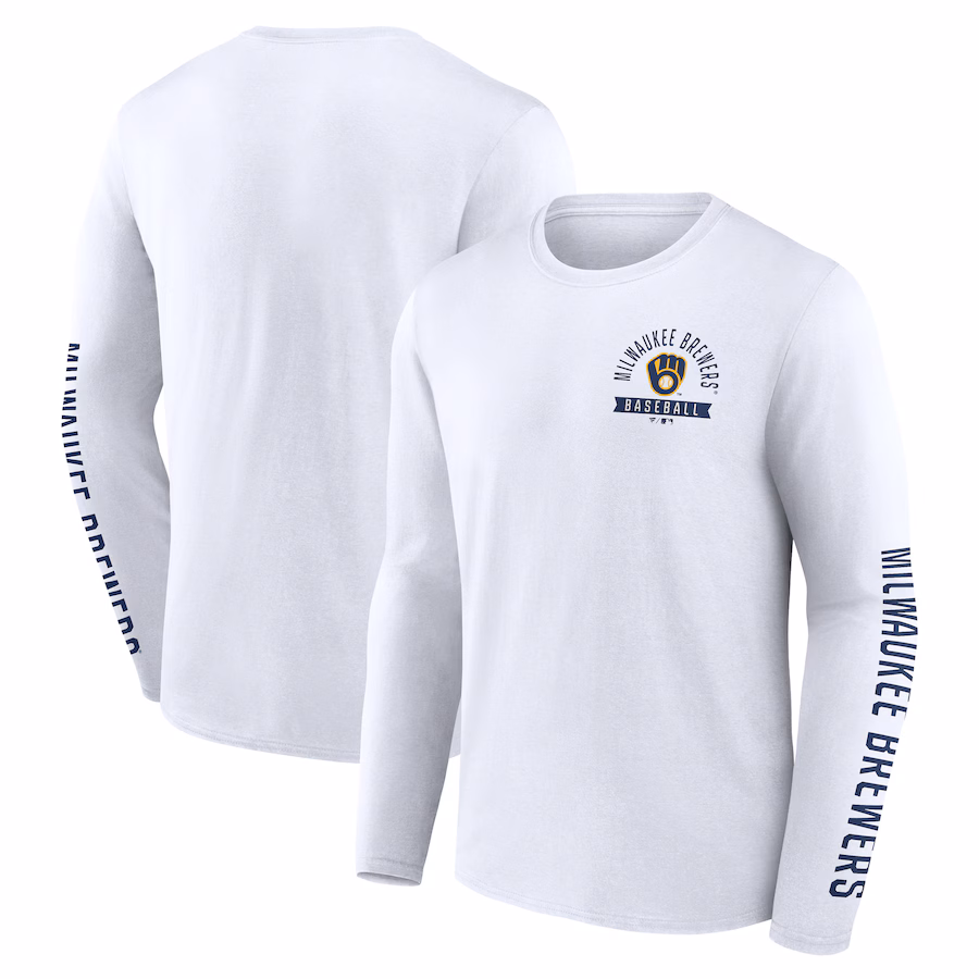 Men's Milwaukee Brewers Fanatics White Press Box Long Sleeve T-Shirt - Jersey