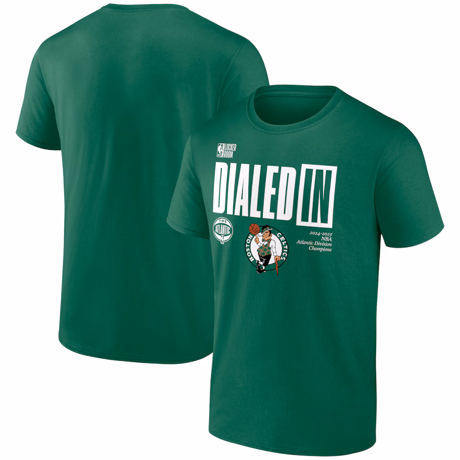Men's Boston Celtics  Fanatics Kelly Green 2025 Atlantic Division Champions Locker Room T-Shirt - Jersey