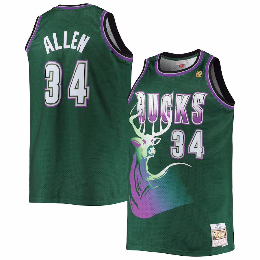 Men's Milwaukee Bucks Ray Allen Mitchell & Ness Hunter Green Big & Tall 1996/97 Hardwood Classics Swingman Jersey - Jersey