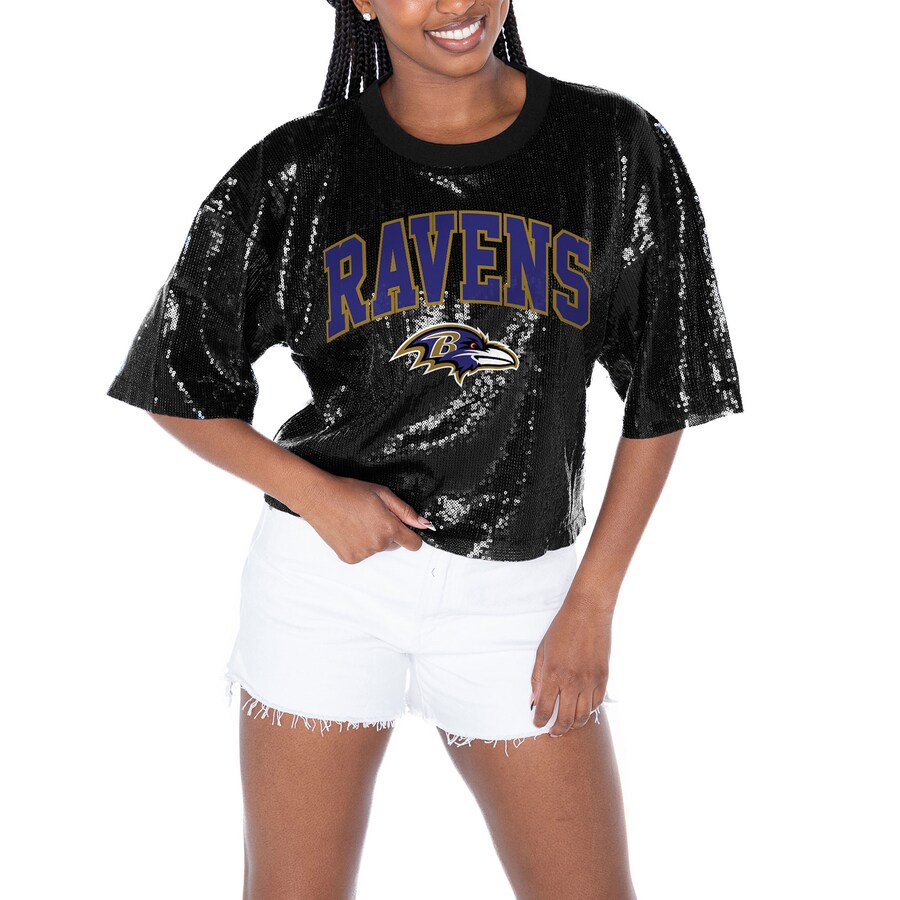 Women's Baltimore Ravens  Gameday Couture Black Rise Up Sequin Cropped T-Shirt - Jersey