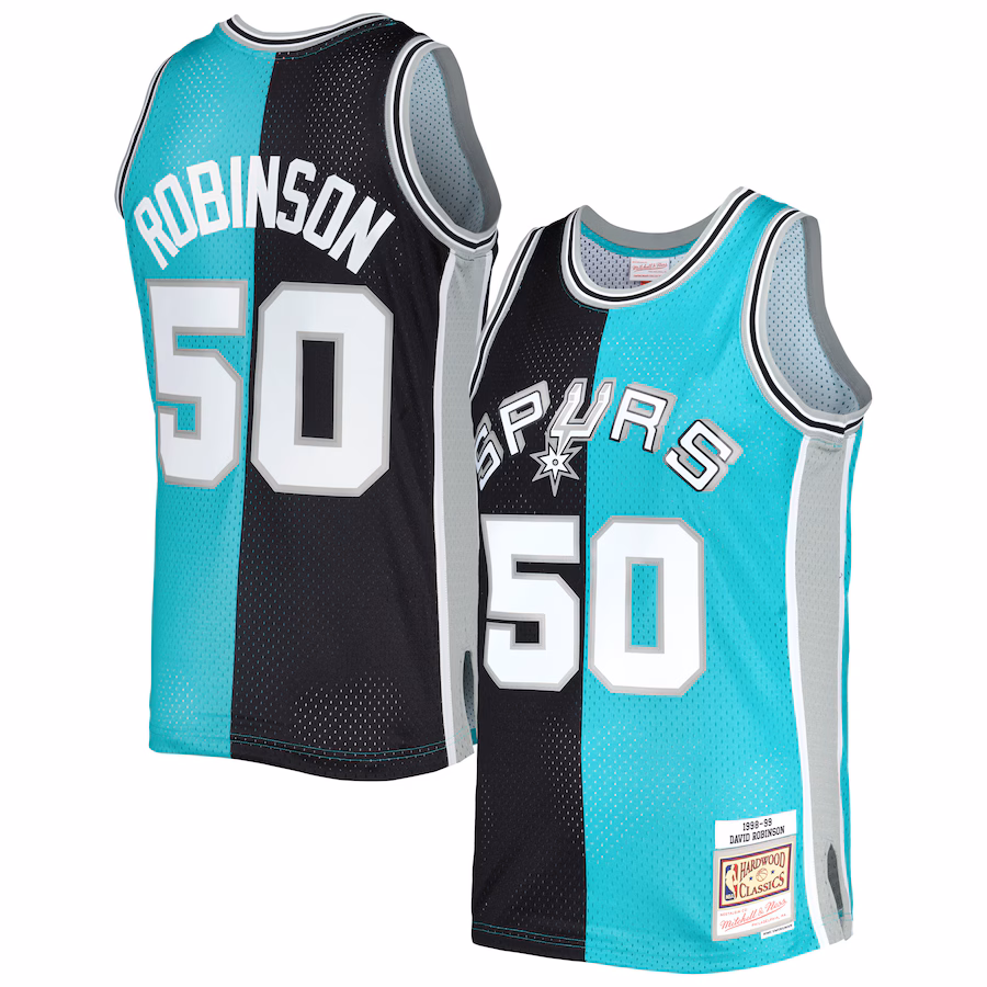 Men's San Antonio Spurs David Robinson Mitchell & Ness Black/Teal Hardwood Classics 1998/99 Split Swingman Jersey - Jersey