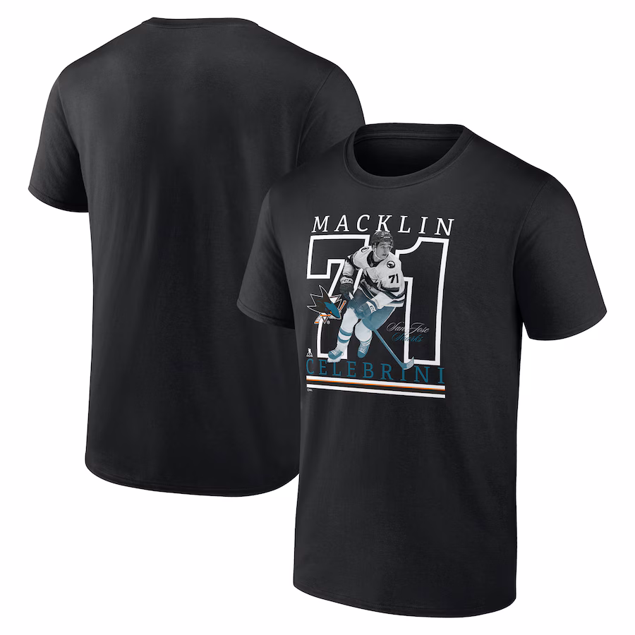 Men's San Jose Sharks Macklin Celebrini Fanatics Black Authentic Stack Name & Number T-Shirt - Jersey