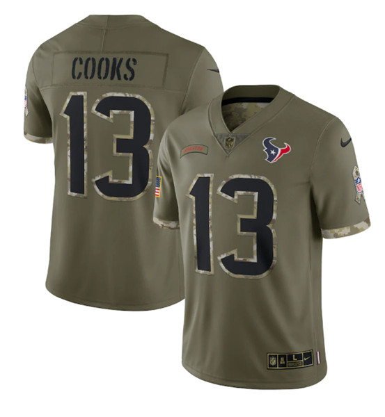 Men's Houston Texans #13 Brandin Cooks 2022 Olive Salute To Service Limited Stitched Jersey - Jersey