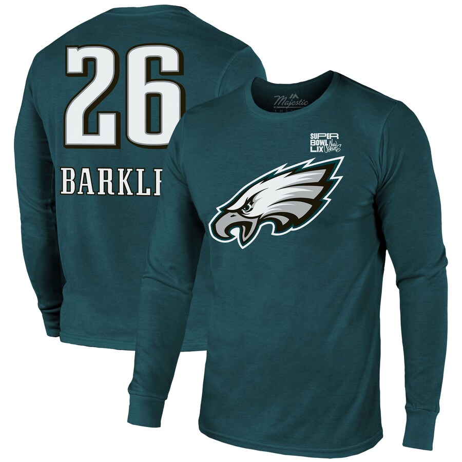 Men's Philadelphia Eagles Saquon Barkley Majestic Threads Midnight Green Super Bowl LIX Player Name & Number Tri-Blend Long Sleeve T-Shirt - Jersey