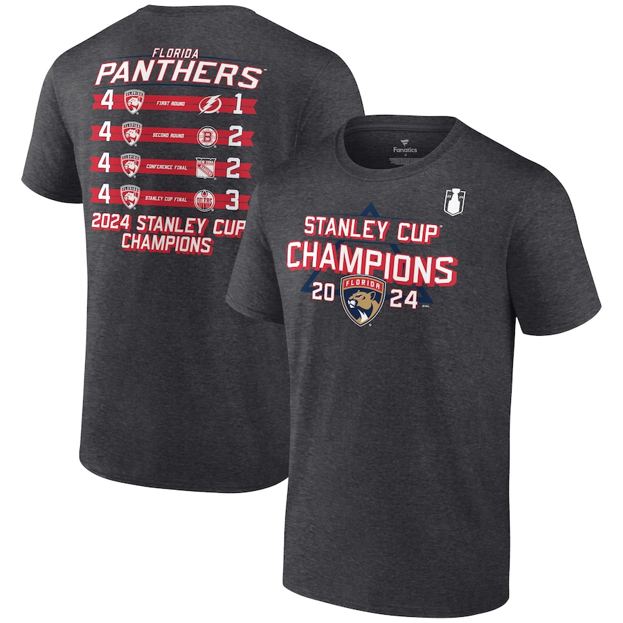 Men's Florida Panthers Fanatics Heather Charcoal 2024 Stanley Cup Champions Schedule T-Shirt - Jersey