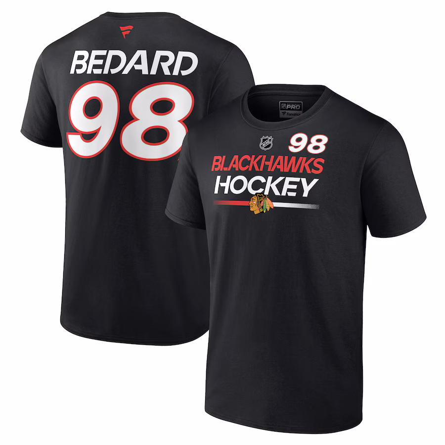 Men's Chicago Blackhawks Connor Bedard Fanatics Black Authentic Pro Prime Name & Number T-Shirt - Jersey
