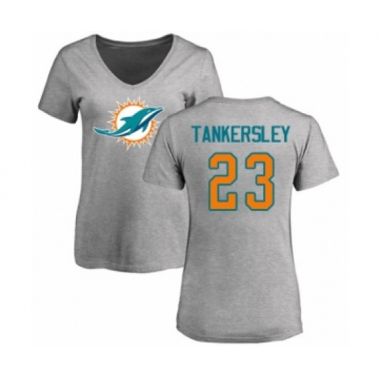 Football Women's Miami Dolphins #23 Cordrea Tankersley Ash Name & Number Logo T-Shirt - Jersey