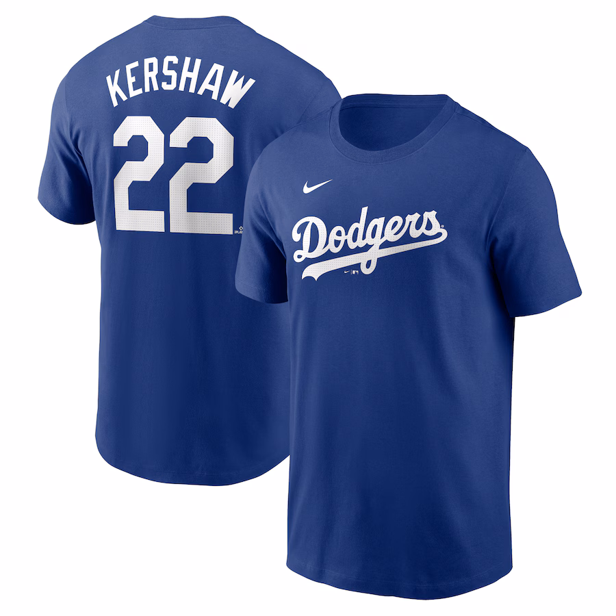 Men's Los Angeles Dodgers Clayton Kershaw Nike Royal Fuse Name & Number T-Shirt - Jersey
