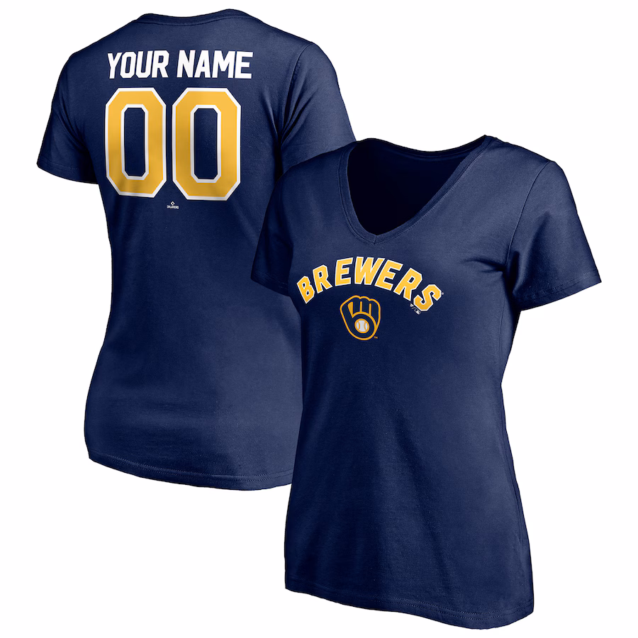 Women's Milwaukee Brewers Navy Personalized Winning Streak Name & Number V-Neck T-Shirt - Jersey