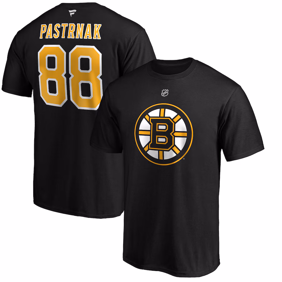 Men's Boston Bruins David Pastrnak Fanatics Black Team Authentic Stack Name & Number T-Shirt - Jersey