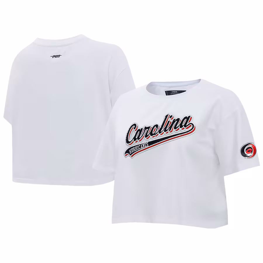 Women's Carolina Hurricanes Pro Standard White Boxy Script Tail Cropped T-Shirt - Jersey