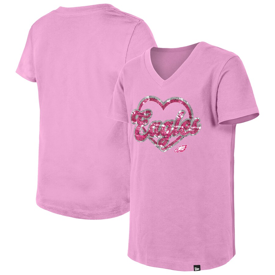 Girls Youth Philadelphia Eagles New Era Pink Flip Sequins V-Neck T-Shirt - Jersey