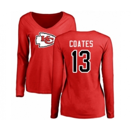 Football Women's Kansas City Chiefs #13 Sammie Coates Red Name & Number Logo Slim Fit Long Sleeve T-Shirt - Jersey