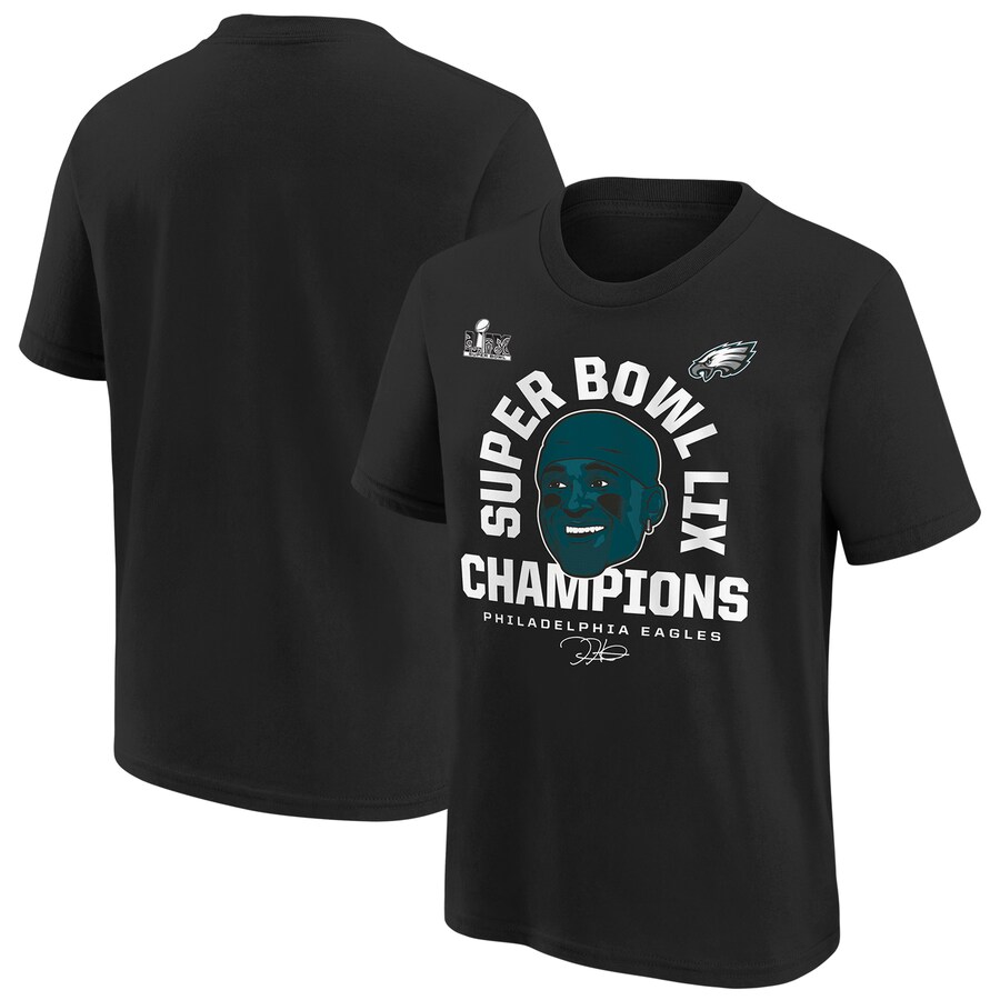 Youth Philadelphia Eagles Jalen Hurts Black Super Bowl LIX Champions Face T-Shirt - Jersey