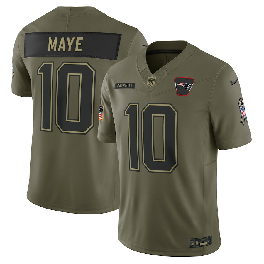 Men's New England Patriots Drake Maye Nike Olive 2025 Salute to Service Limited Jersey - Jersey