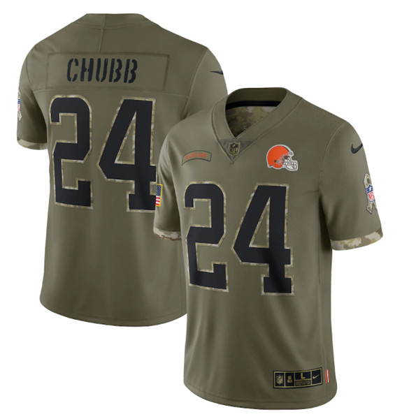 Men's Cleveland Browns #24 Nick Chubb 2022 Olive Salute To Service Limited Stitched Jersey - Jersey