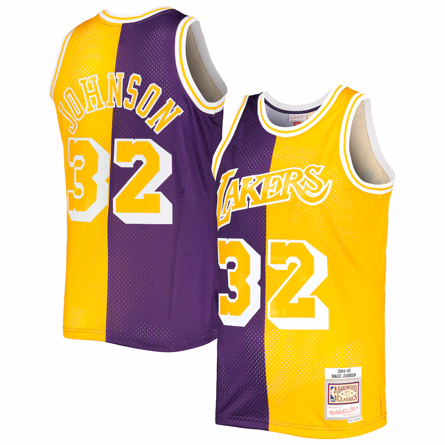 Men's Magic Johnson Magic Johnson Mitchell & Ness Purple/Gold Hardwood Classics 1984/85 Split Swingman Jersey - Jersey