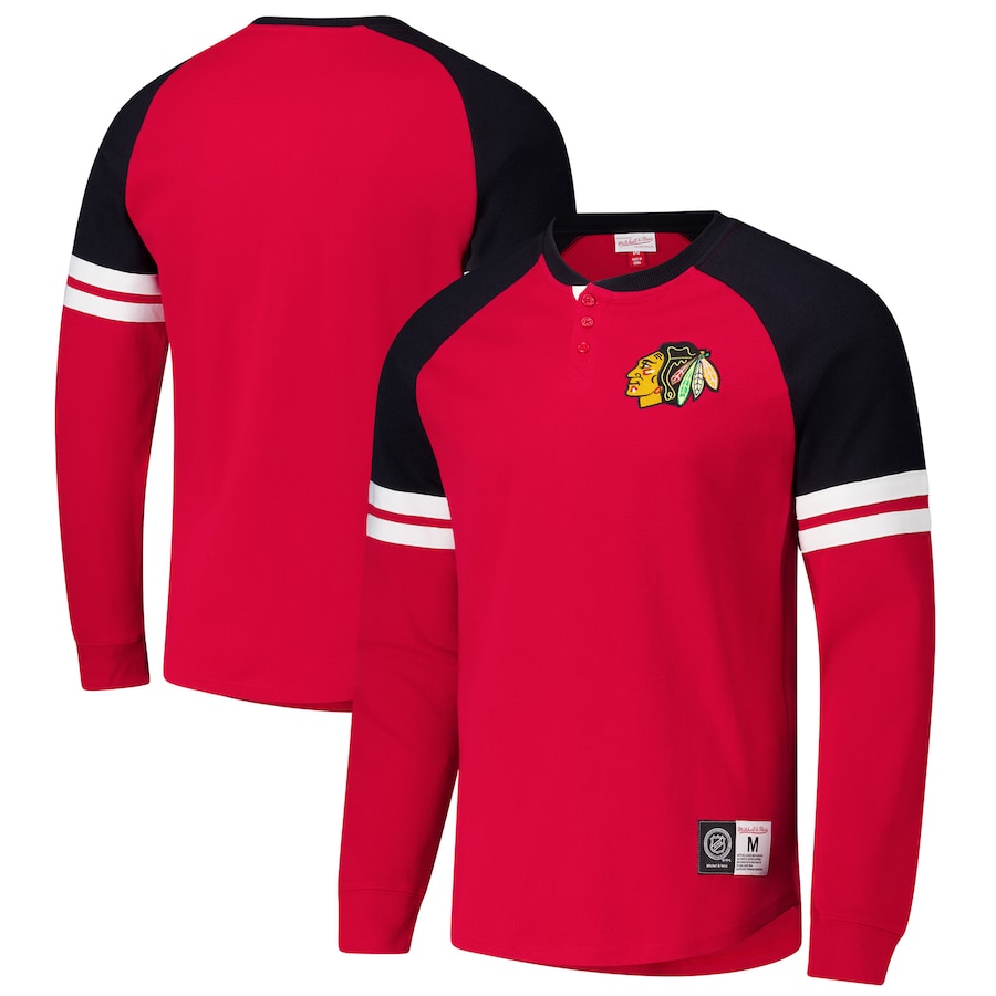 Men's Chicago Blackhawks Mitchell & Ness Red Thermal Henley Long Sleeve T-Shirt - Jersey