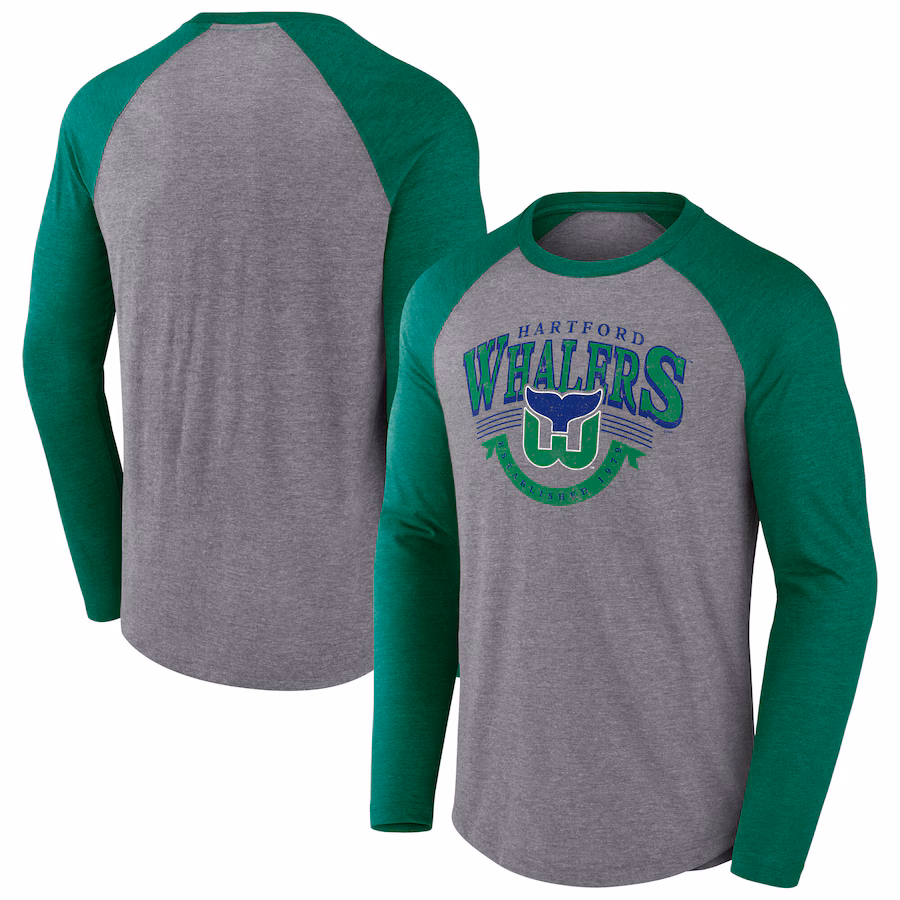 Men's Hartford Whalers Fanatics Heather Gray/Heather Green Vintage Hockey Goal Crease Raglan Tri-Blend Long Sleeve T-Shirt - Jersey