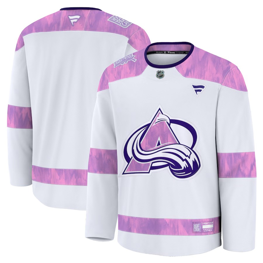 Men's Colorado Avalanche Fanatics White 2024 Hockey Fights Cancer Practice Jersey - Jersey