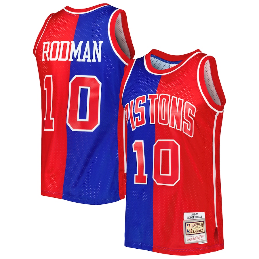 Men's Detroit Pistons Dennis Rodman Mitchell & Ness Blue/Red Hardwood Classics 1988/89 Split Swingman Jersey - Jersey