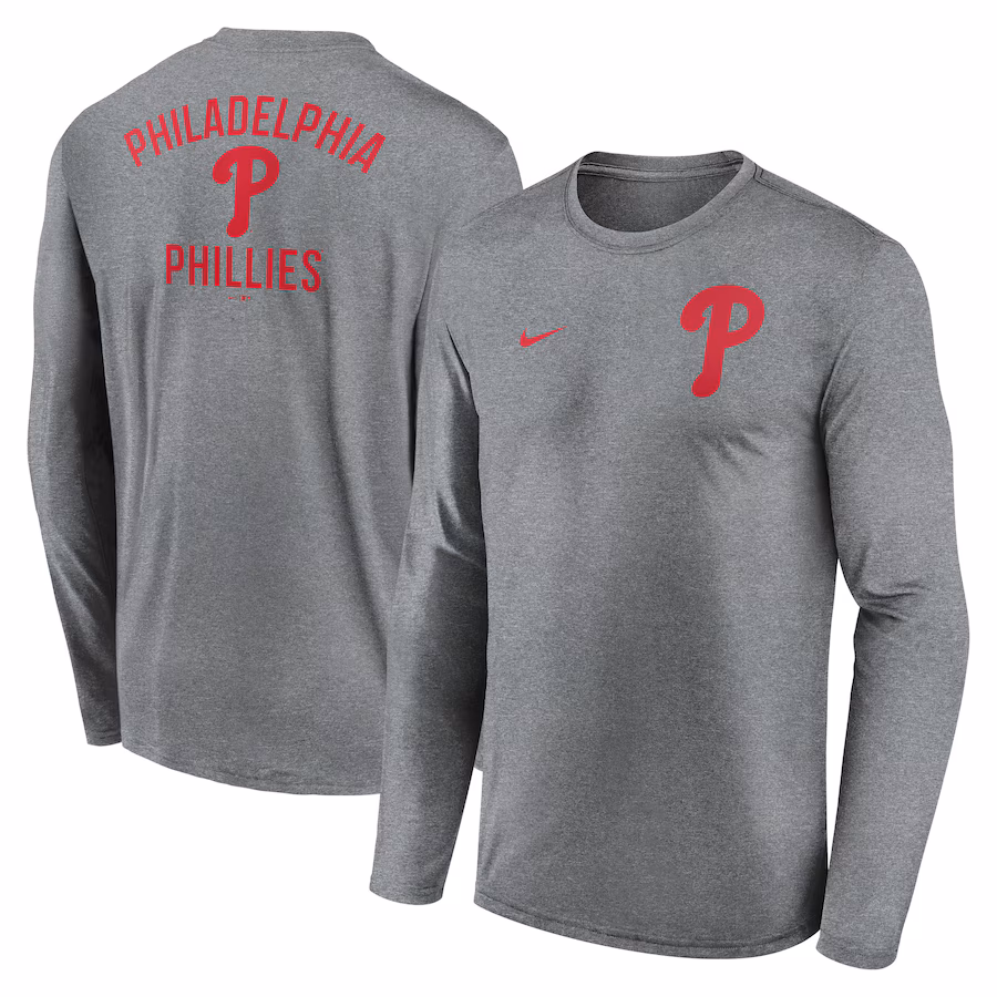 Men's Philadelphia Phillies Nike Heather Charcoal 2-Hit Legend Performance Long Sleeve T-Shirt - Jersey