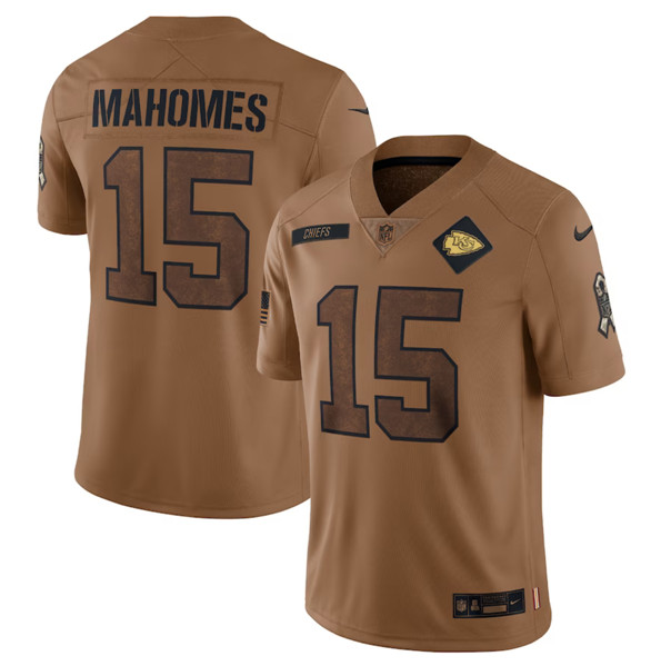 Men’s Kansas City Chiefs #15 Patrick Mahomes 2023 Brown Salute To Service Limited Football Stitched Jersey - Jersey