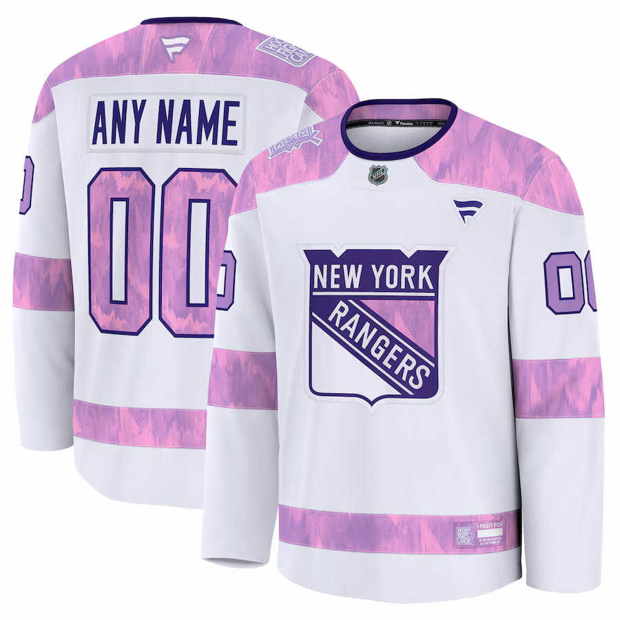 Men's New York Rangers Fanatics White 2024 Hockey Fights Cancer Custom Practice Jersey - Jersey