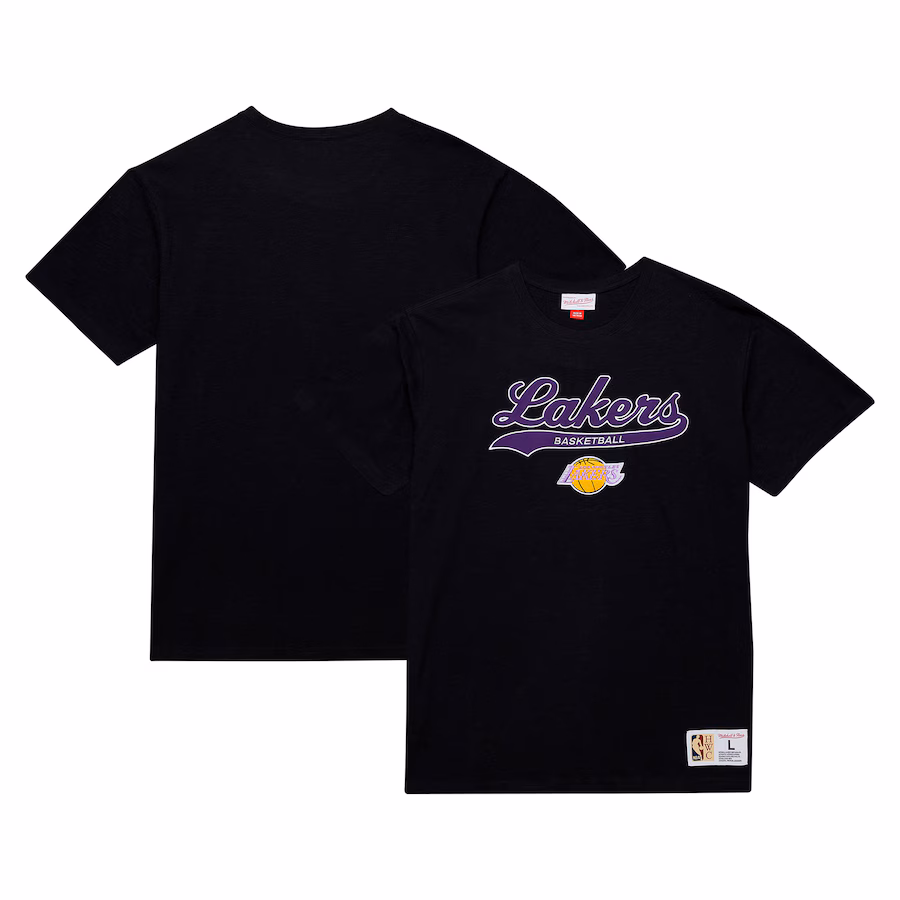 Men's Los Angeles Lakers Mitchell & Ness Black Hardwood Classics Felt Applique Slub T-Shirt - Jersey