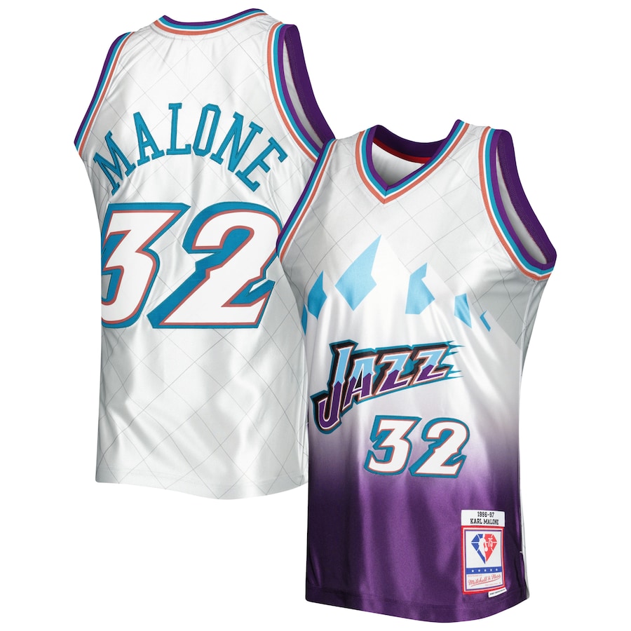 Men's Utah Jazz Karl Malone Mitchell & Ness Platinum 1996/97 Hardwood Classics 75th Anniversary Swingman Jersey - Jersey