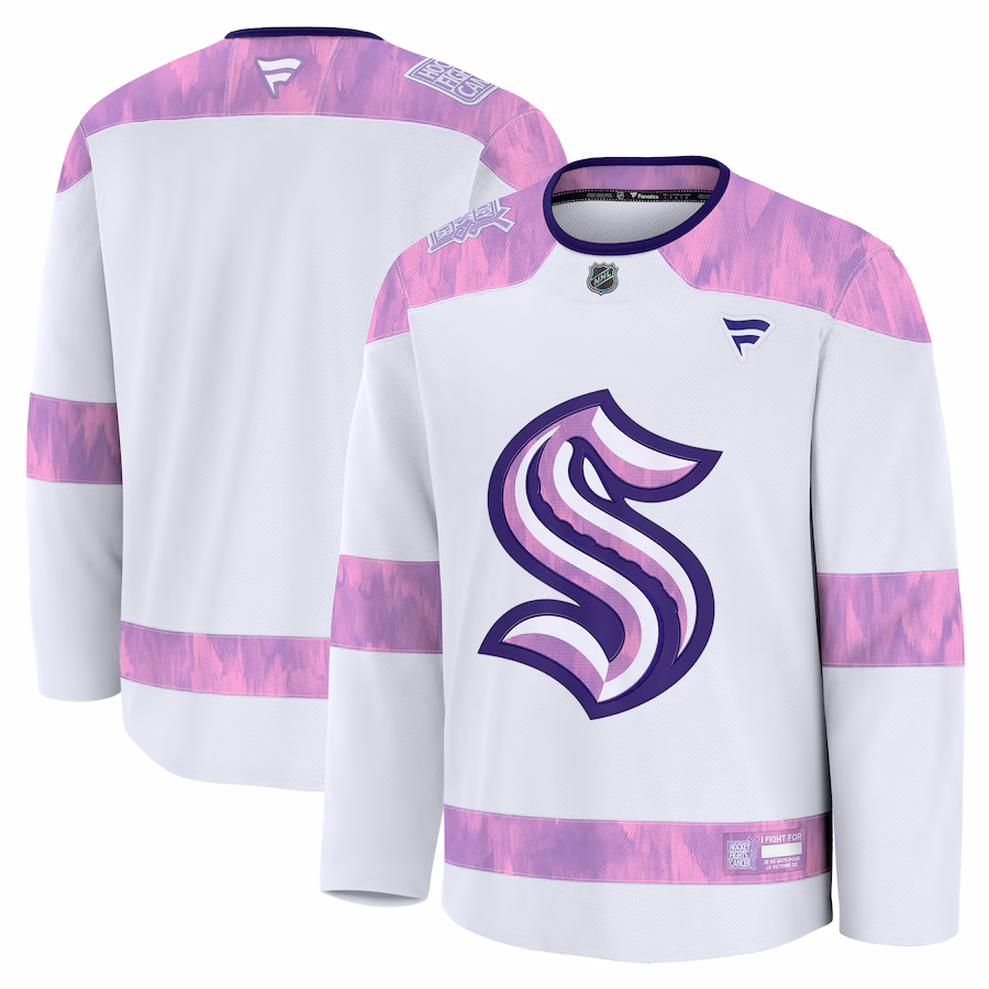 Men's Seattle Kraken Fanatics White 2024 Hockey Fights Cancer Practice Jersey - Jersey