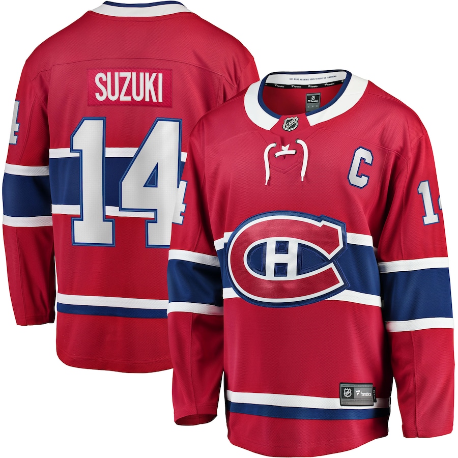 Men's Montreal Canadiens Nick Suzuki Fanatics Red Home Captain Patch Breakaway Player Jersey - Jersey