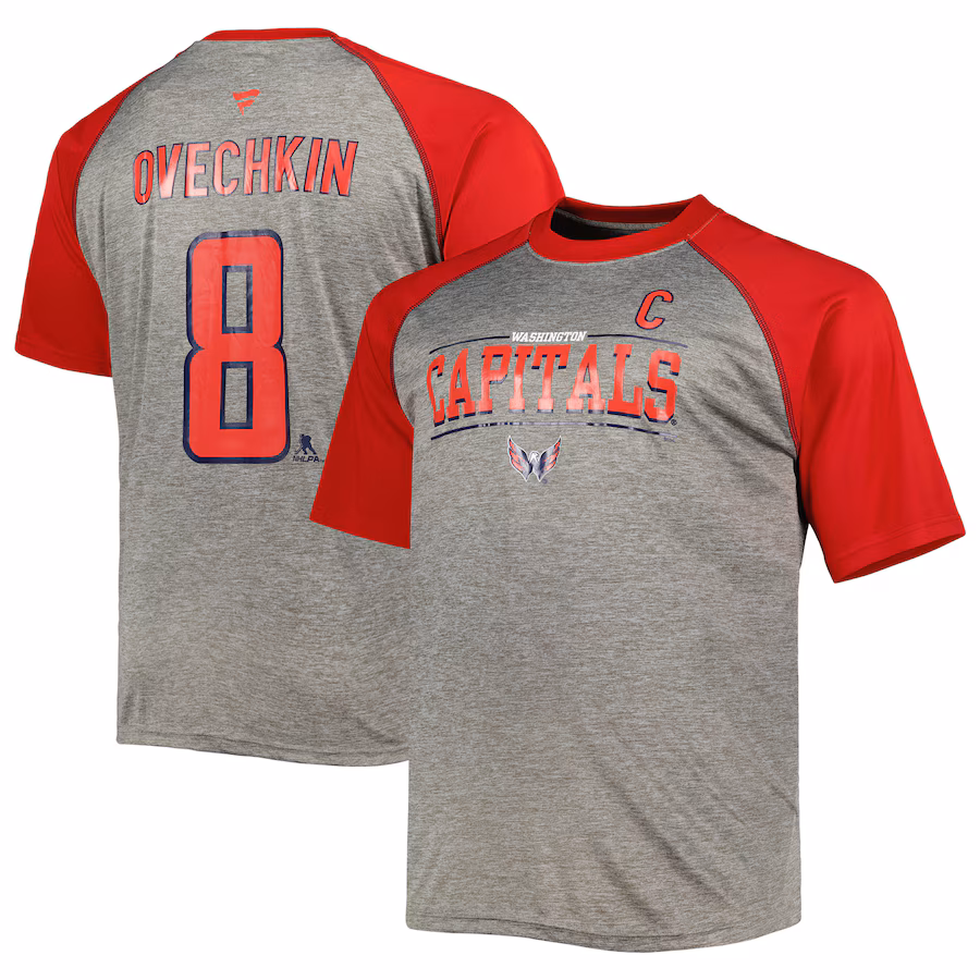 Men's Washington Capitals Alexander Ovechkin Fanatics Heather Gray/Red Big & Tall Captain Patch Contrast Raglan Name & Number T-Shirt - Jersey