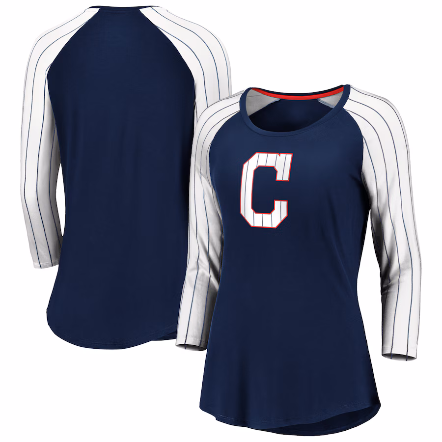 Women's Cleveland Guardians Fanatics Navy Iconic Pinstripe Raglan 3/4-Sleeve T-Shirt - Jersey