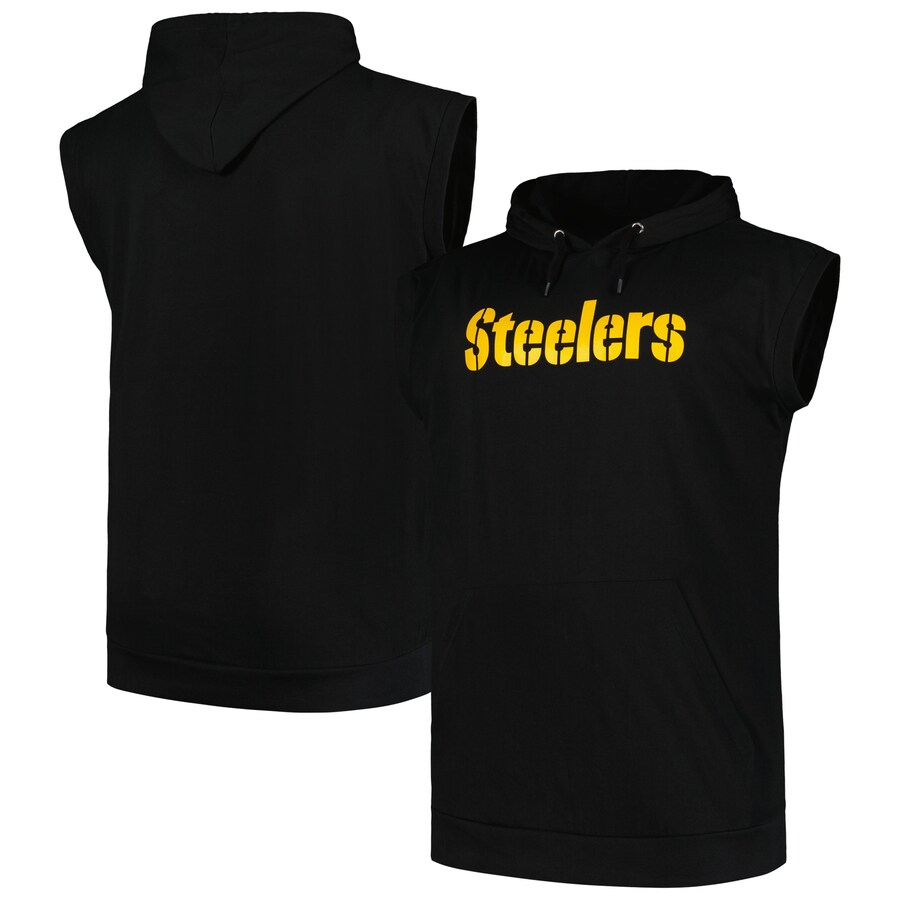 Men's Pittsburgh Steelers Fanatics Black Big & Tall Muscle Hoodie Sleeveless T-Shirt - Jersey