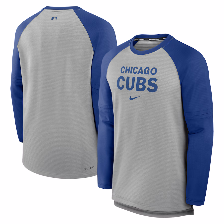 Men's Chicago Cubs Nike Heather Gray/Royal Authentic Collection Game Time Raglan Performance Long Sleeve T-Shirt - Jersey