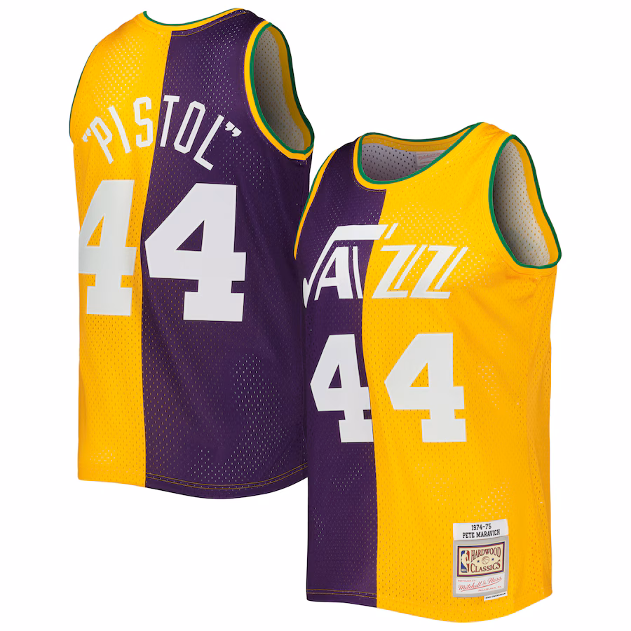 Men's New Orleans Jazz Pete Maravich Mitchell & Ness Purple/Yellow Hardwood Classics 1974/75 Split Swingman Jersey - Jersey