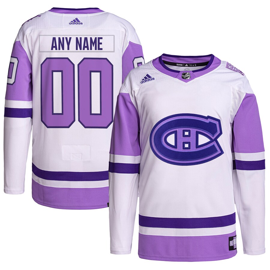 Men's Montreal Canadiens adidas White/Purple Hockey Fights Cancer Primegreen Authentic Custom Jersey - Jersey