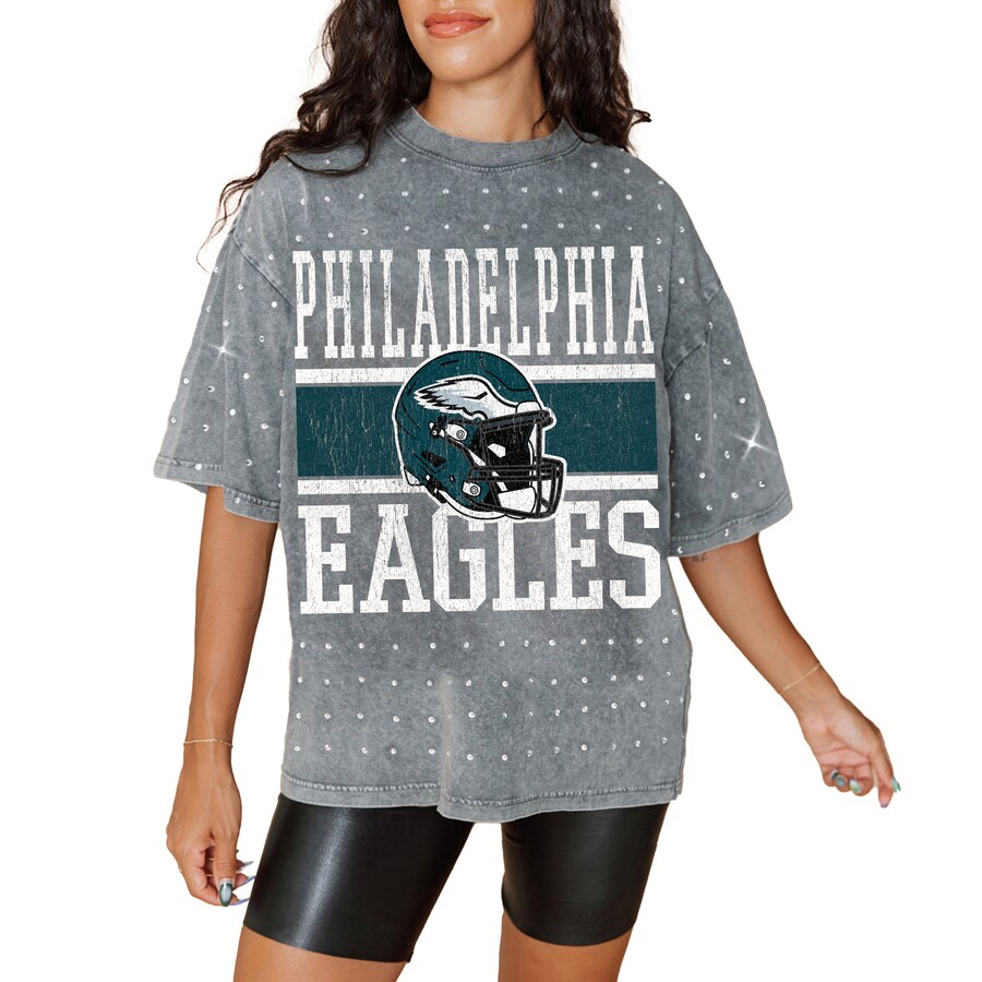 Women's Philadelphia Eagles Gameday Couture Gray Oversized Mini Rhinestone Classic T-Shirt - Jersey