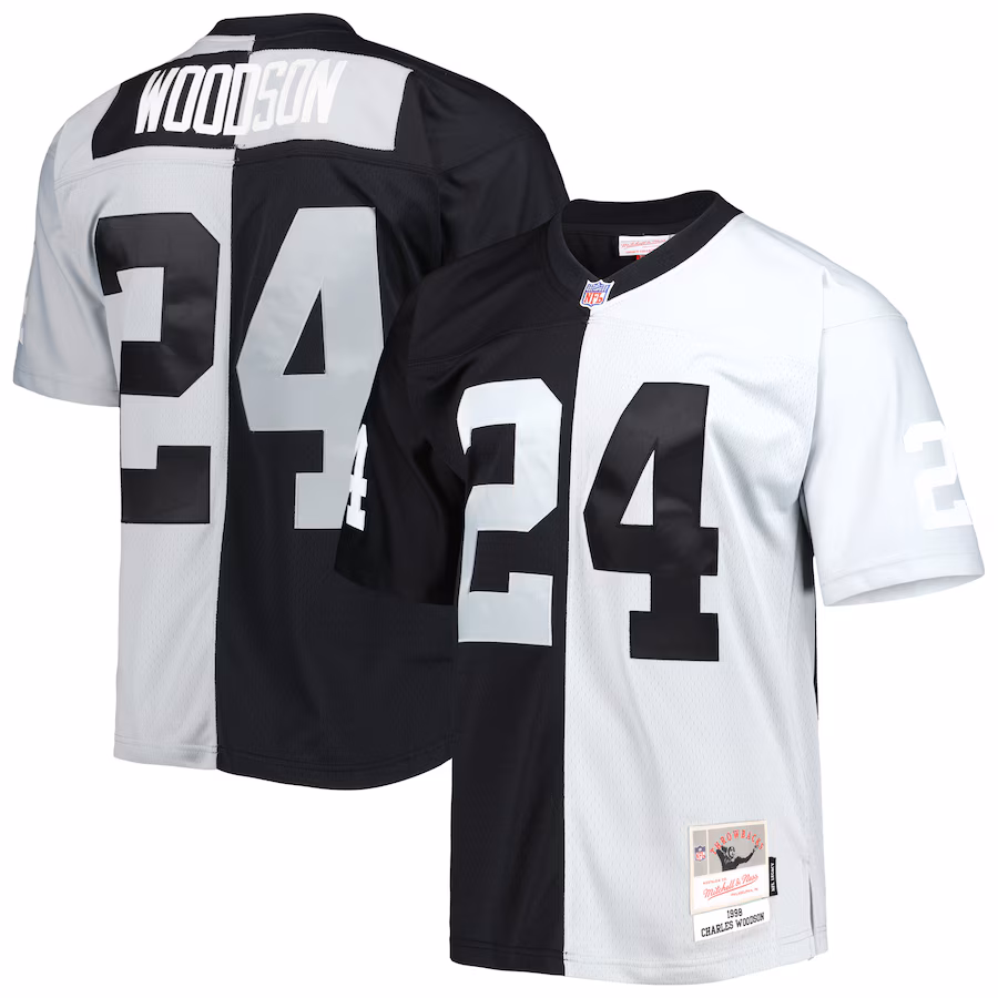 Men's Las Vegas Raiders Charles Woodson Mitchell & Ness Black/Silver 1998 Split Legacy Replica Jersey - Jersey