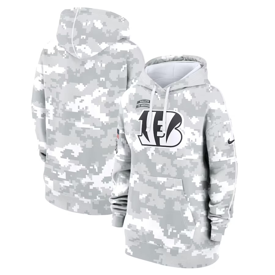 Women's Cincinnati Bengals Nike Arctic Camo 2024 Salute To Service Club Fleece Pullover Hoodie - Jersey