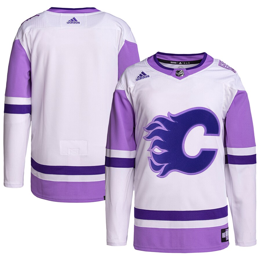 Men's Calgary Flames adidas White/Purple Hockey Fights Cancer Primegreen Authentic Blank Practice Jersey - Jersey