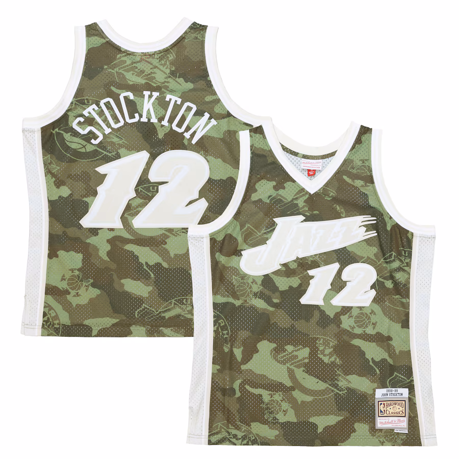 Men's Utah Jazz John Stockton Mitchell & Ness Camo Hardwood Classics 1998/99 Ghost Green Swingman Jersey - Jersey