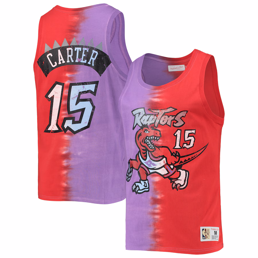 Men's Toronto Raptors Vince Carter Mitchell & Ness Purple/Red Hardwood Classics Tie-Dye Name & Number Tank Top - Jersey