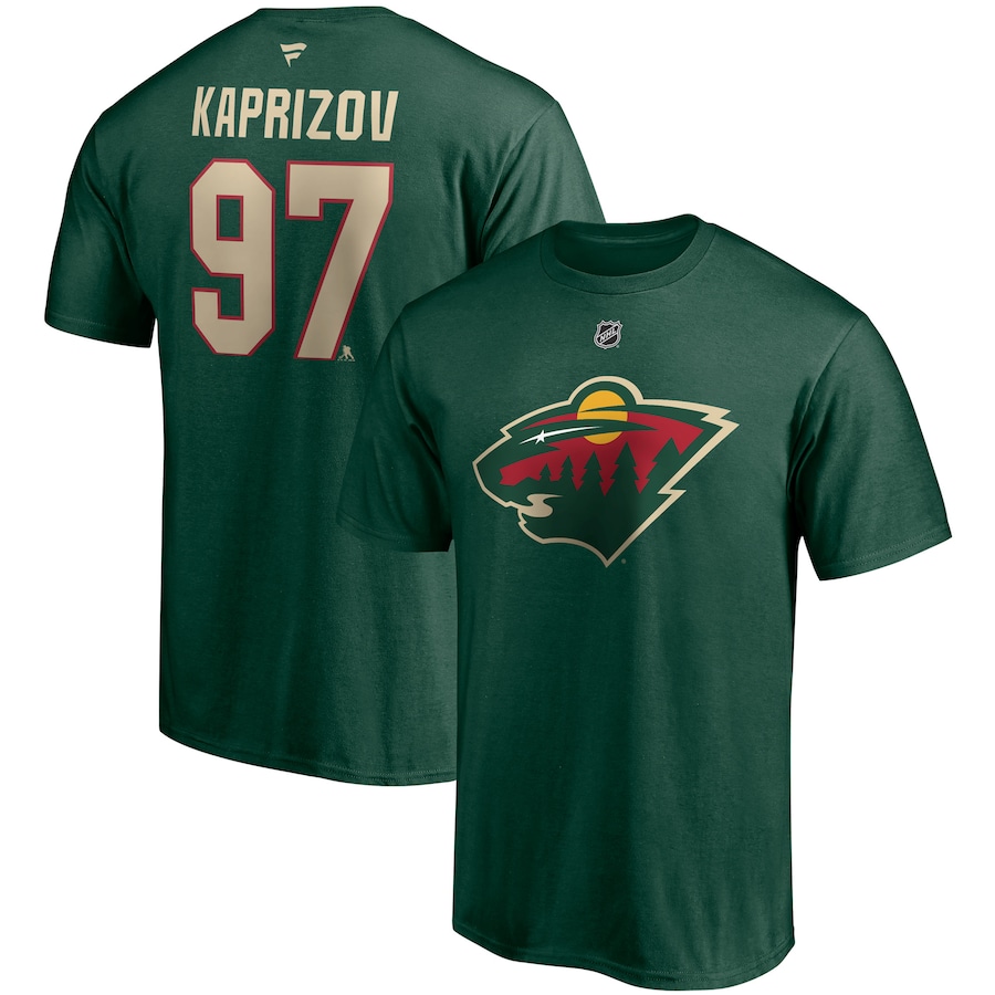 Men's Minnesota Wild Kirill Kaprizov Fanatics Green Authentic Stack Name & Number T-Shirt - Jersey