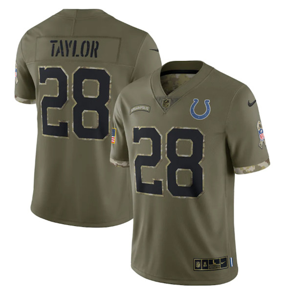 Men's Indianapolis Colts #28 Jonathan Taylor 2022 Olive Salute To Service Limited Stitched Jersey - Jersey