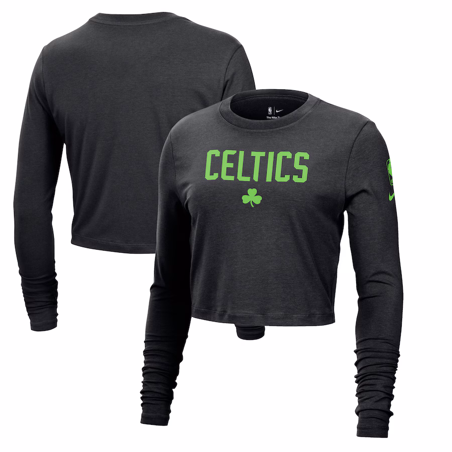 Women's Boston Celtics Nike Black 2024/25 City Edition Essential Logo Slim Fit Long Sleeve Cropped T-Shirt - Jersey