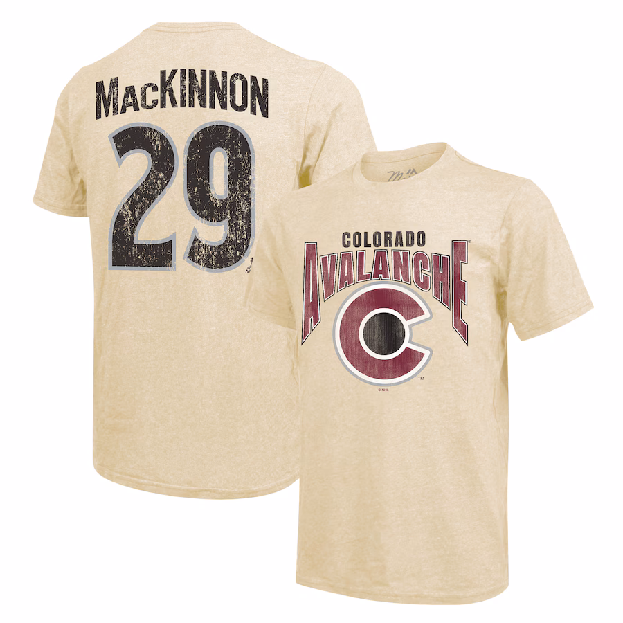 Men's Colorado Avalanche Nathan MacKinnon Majestic Threads Cream Dynasty Name & Number Tri-Blend T-Shirt - Jersey